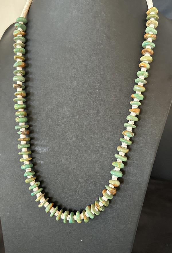 Green Royston Turquoise Shell Santo Domingo Necklace 27" | Sterling Silver | Authentic Native American Handmade | 19680