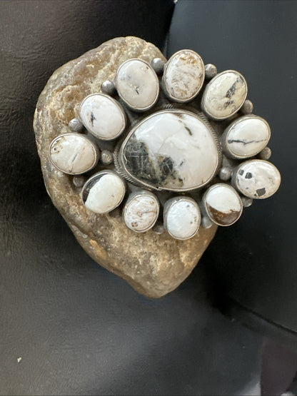 XXL White Buffalo Turquoise Navajo Sterling Silver Cluster Ring Size 8 19275