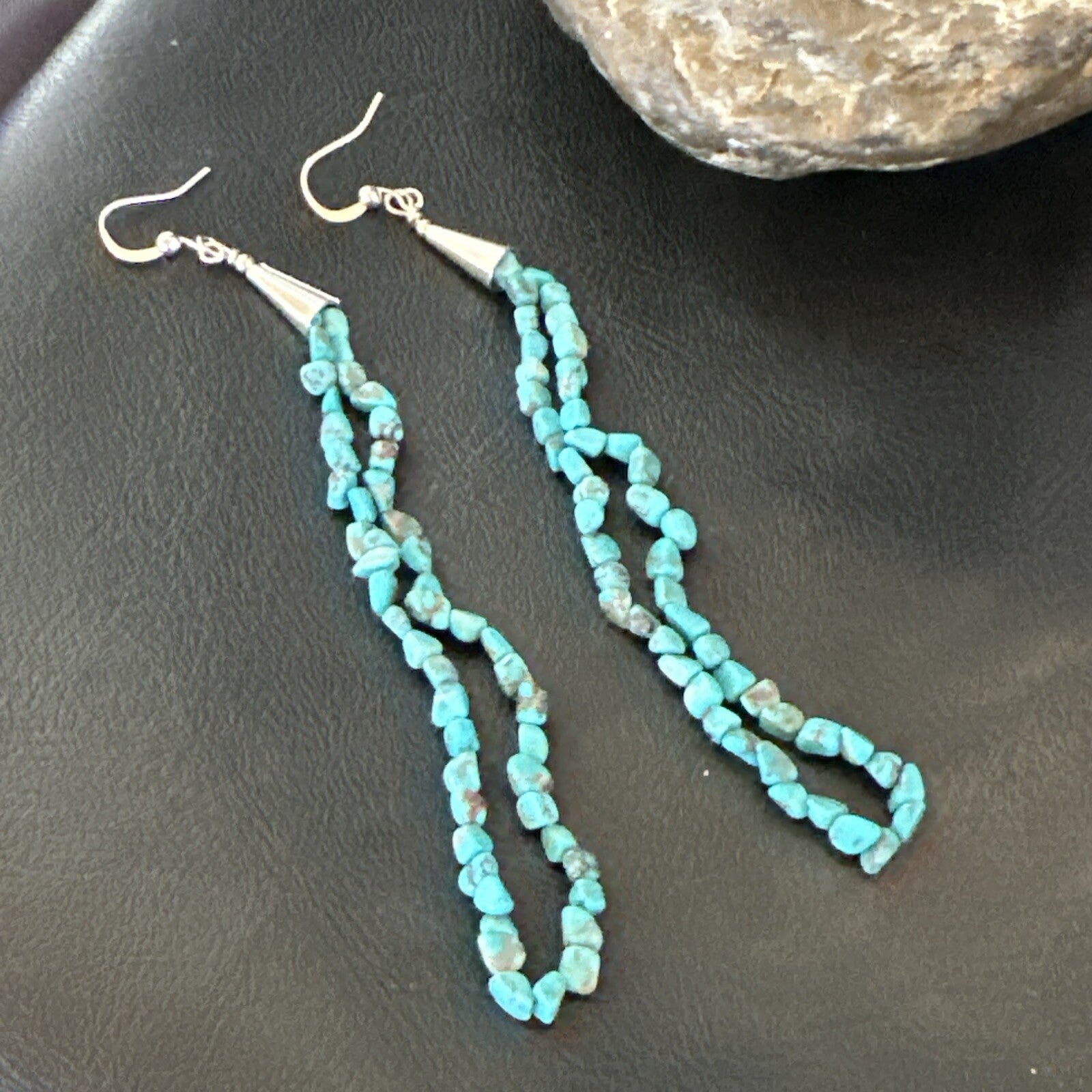 XL Blue Turquoise Nugget Bead Sterling Silver Beads Navajo Earrings 4.5" 18095