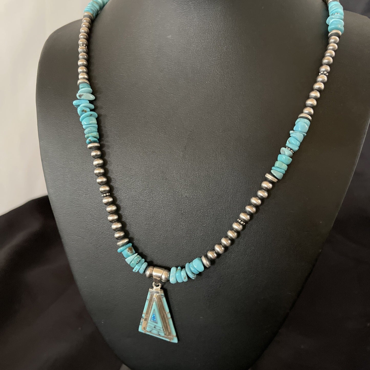 Turquoise & Opal Inlay Pendant Navajo Pearls Sterling Silver Necklace 11330