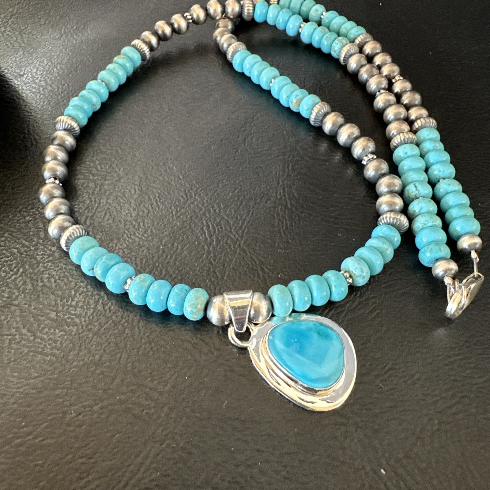 Mens Blue Kingman Turquoise Pendant Navajo Sterling Silver Necklace 21" 18111