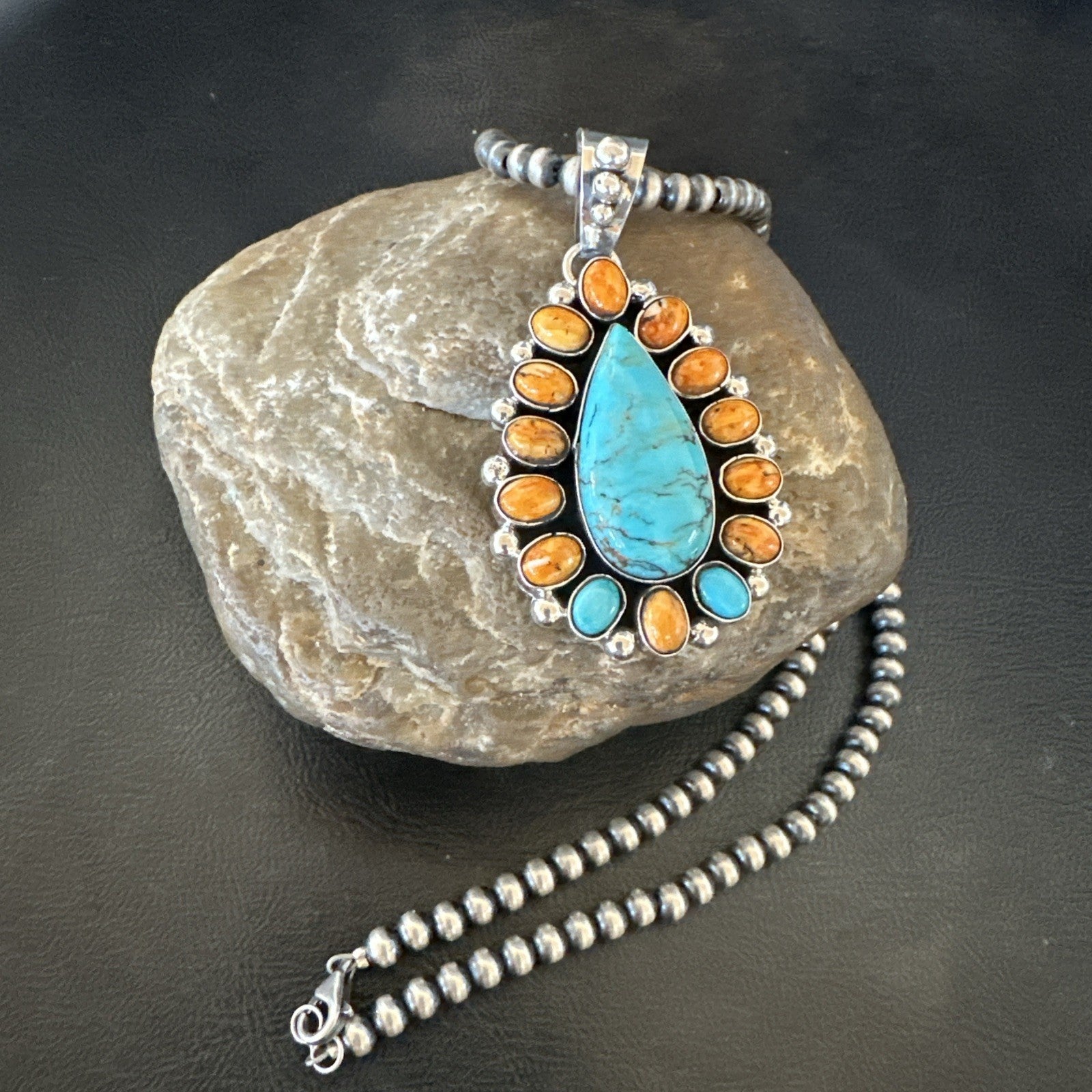 Multicolor Turquoise Spiny Navajo Sterling Silver Cluster Pendant Necklace 19559
