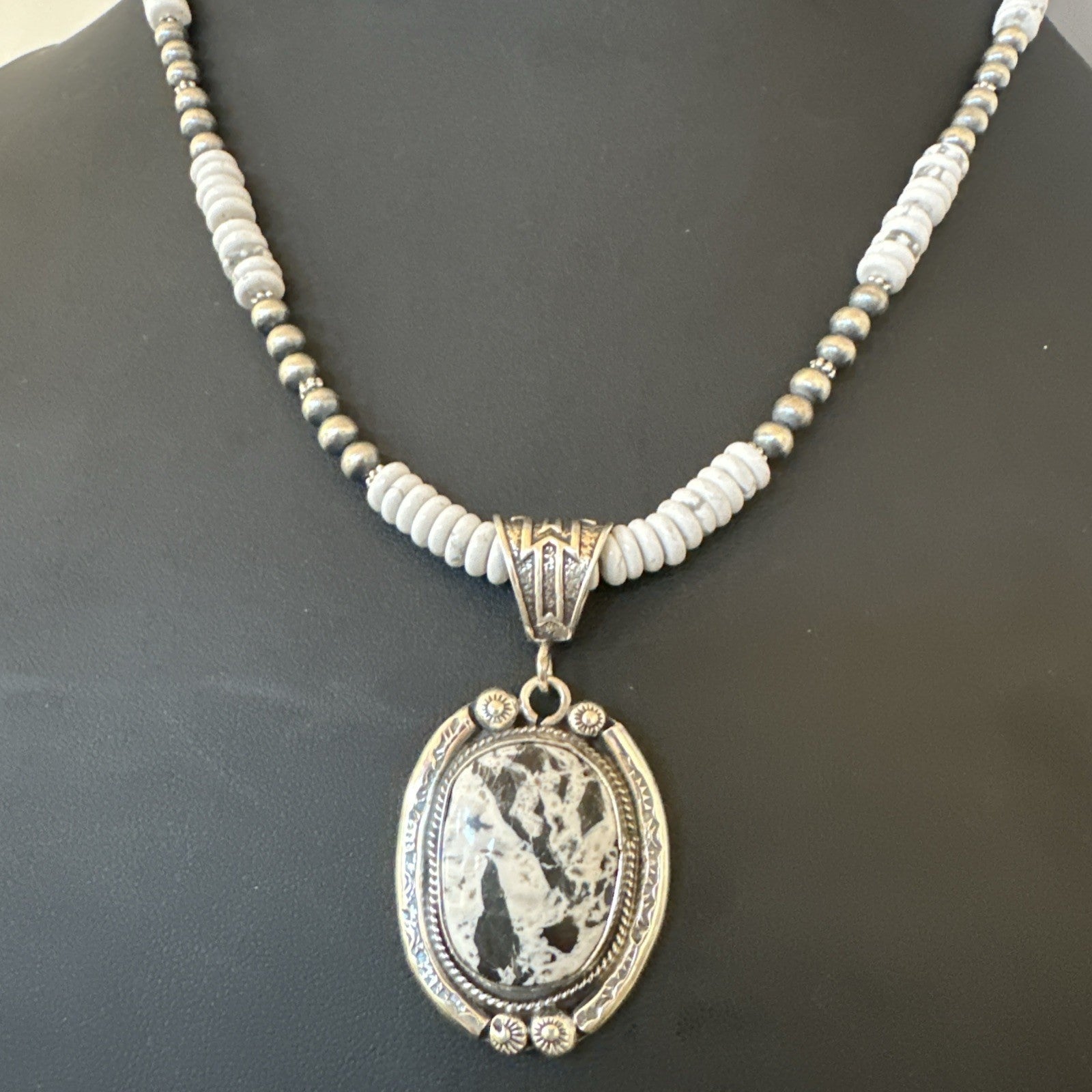White Buffalo Turquoise Pendant Navajo Pearls Sterling Silver Necklace 20” 19499