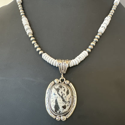 White Buffalo Turquoise Pendant Navajo Pearls Sterling Silver Necklace 20” 19499