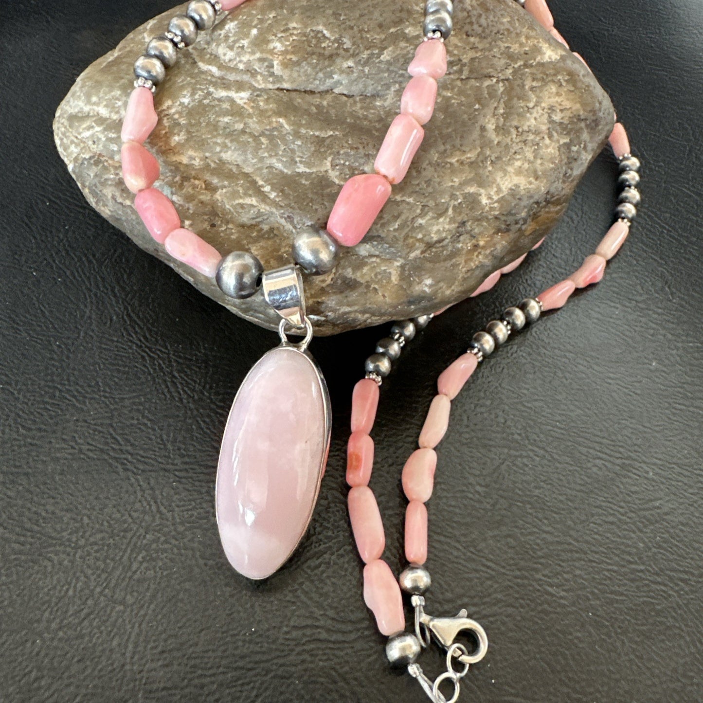 Southwestern Sterling Silver Pink Coral Bead Necklace Quartz Pendant 24" 19585