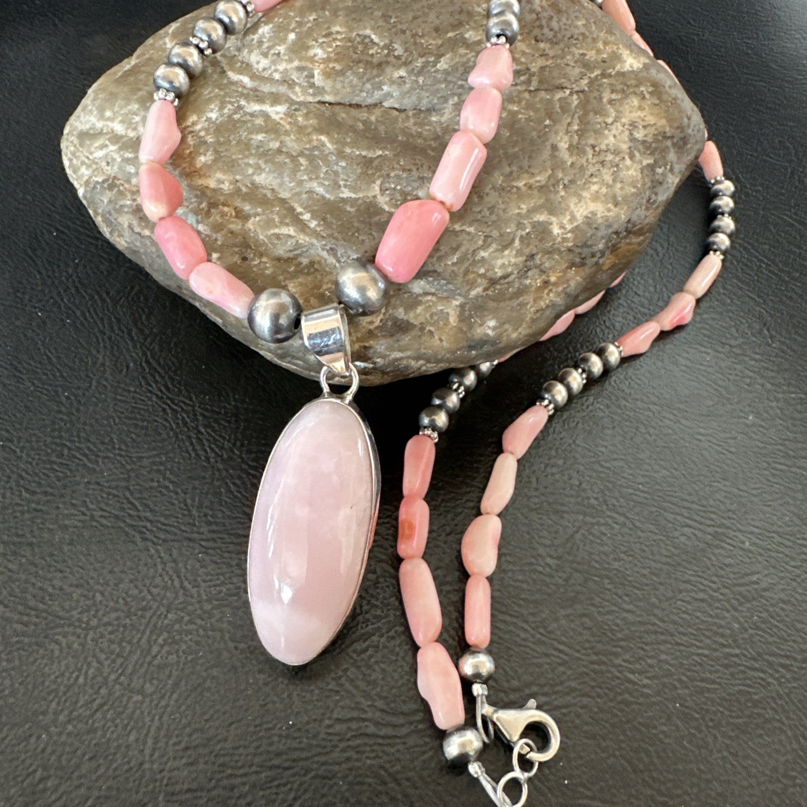 Southwestern Sterling Silver Pink Coral Bead Necklace Quartz Pendant 24" 19585