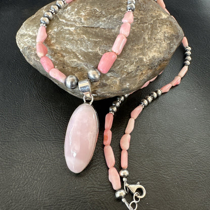 Southwestern Sterling Silver Pink Coral Bead Necklace Quartz Pendant 24" 19585