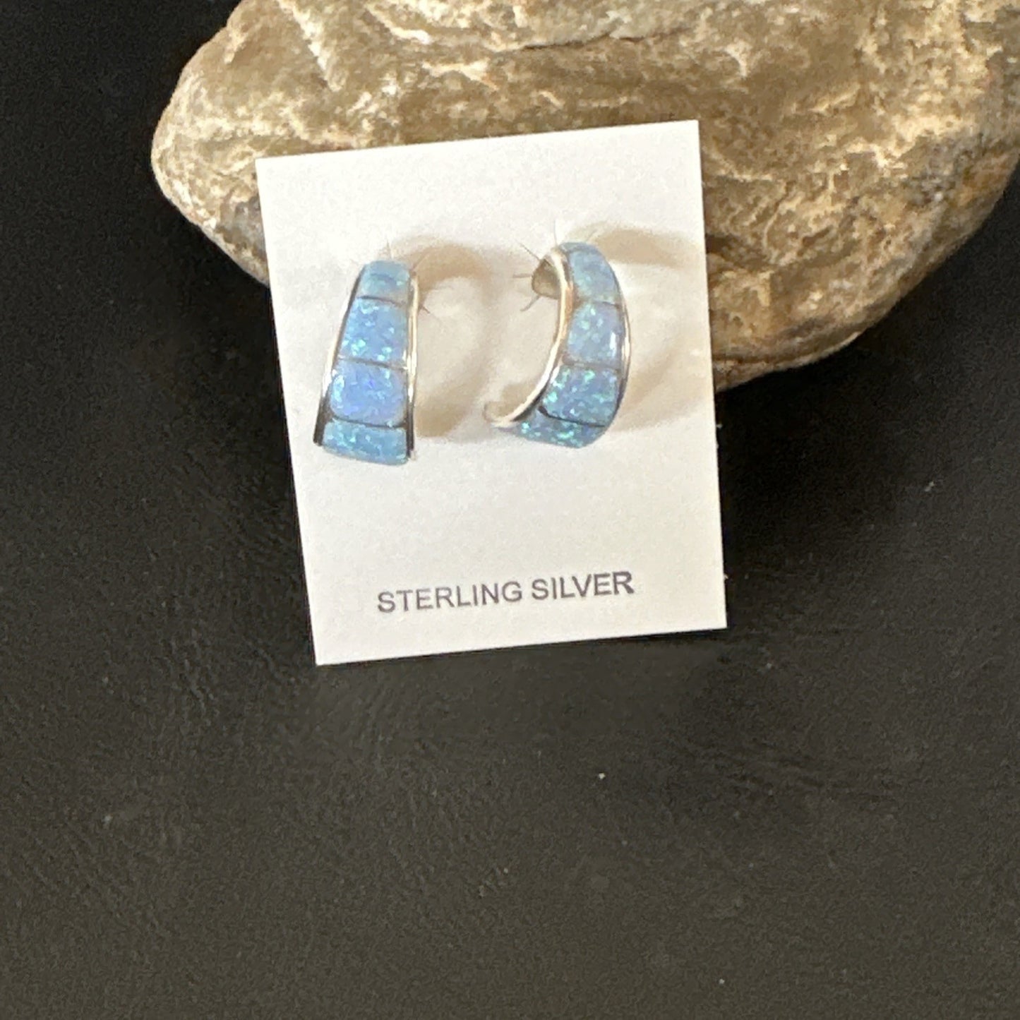 Blue Faux Opal Stud Inlay Navajo Sterling Silver Earrings 19261