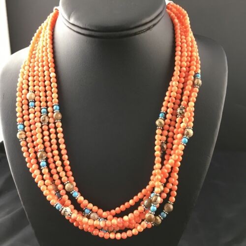 Navajo Orange Bamboo Coral Necklace 7 Strand Sterling Silver 19" 10173