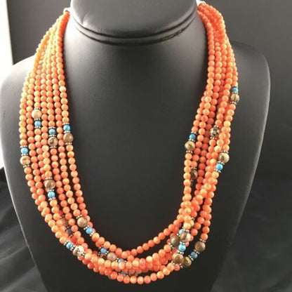 Navajo Orange Bamboo Coral Necklace 7 Strand Sterling Silver 19" 10173