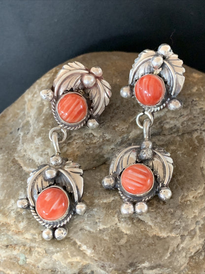 Red Spiny Oyster Southwestrn Navajo Sterling Silver Dangle Earring 02061N