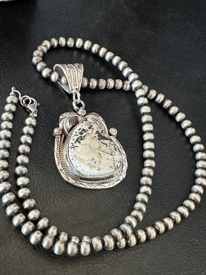 Mens White Buffalo Turquoise Pendant Sterling Silver Beads Necklace 18311