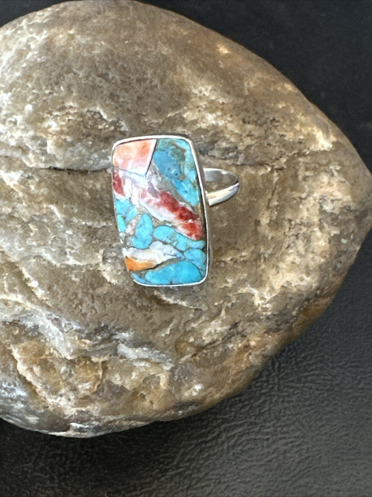 Blue Turquoise Spiny Oyster Southwestern Sterling Silver Ring Size 8 18434