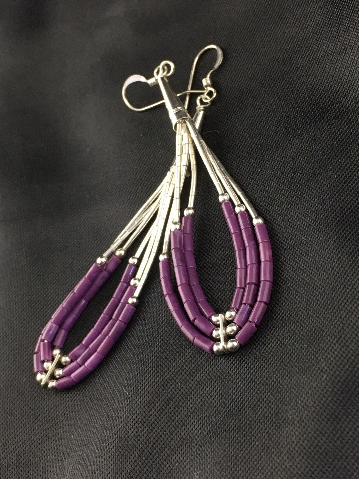 Purple Stone 3 Strand Heishi Liquid Sterling Silver Dangle Earrings 01985