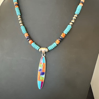 Multicolor Turquoise Spiny Navajo Sterling Silver Inlay Pendant Necklace 19653