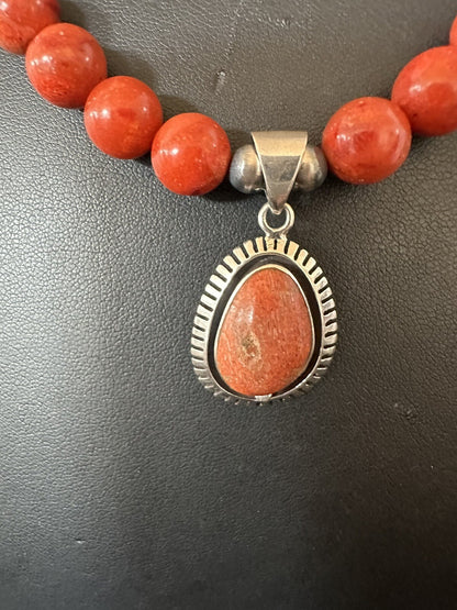 Navajo Apple Sponge Coral Sterling Silver Necklace Pendant 20” 18329