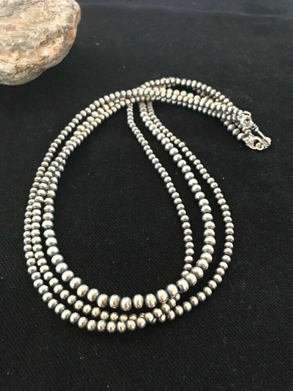 Native American 4, 5, 6 mm Sterling Silver Beads 3 Strand 36” Necklace