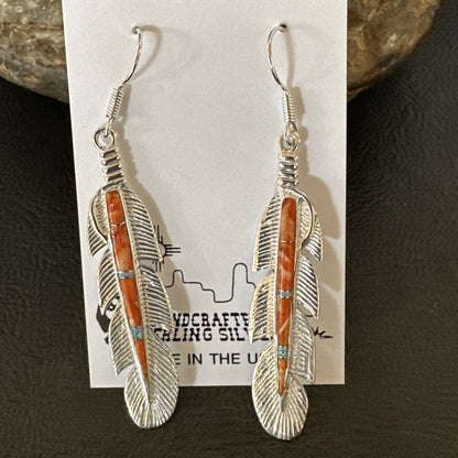 Orange Spiny Oyster Opal Sterling Silver Handmade Inlay Feather Earrings 18695
