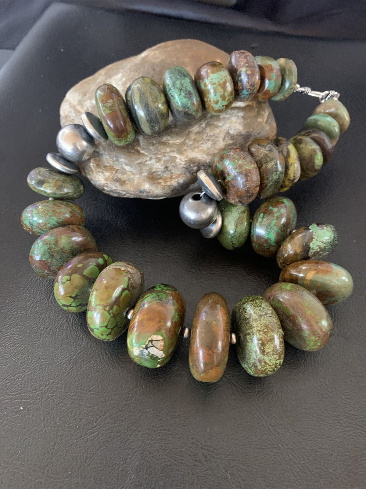 Green Natural Turquoise Chunky Graduated Navajo Sterling Silver Necklace 11765