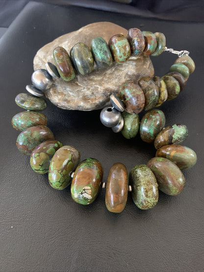 Green Natural Turquoise Chunky Graduated Navajo Sterling Silver Necklace 11765