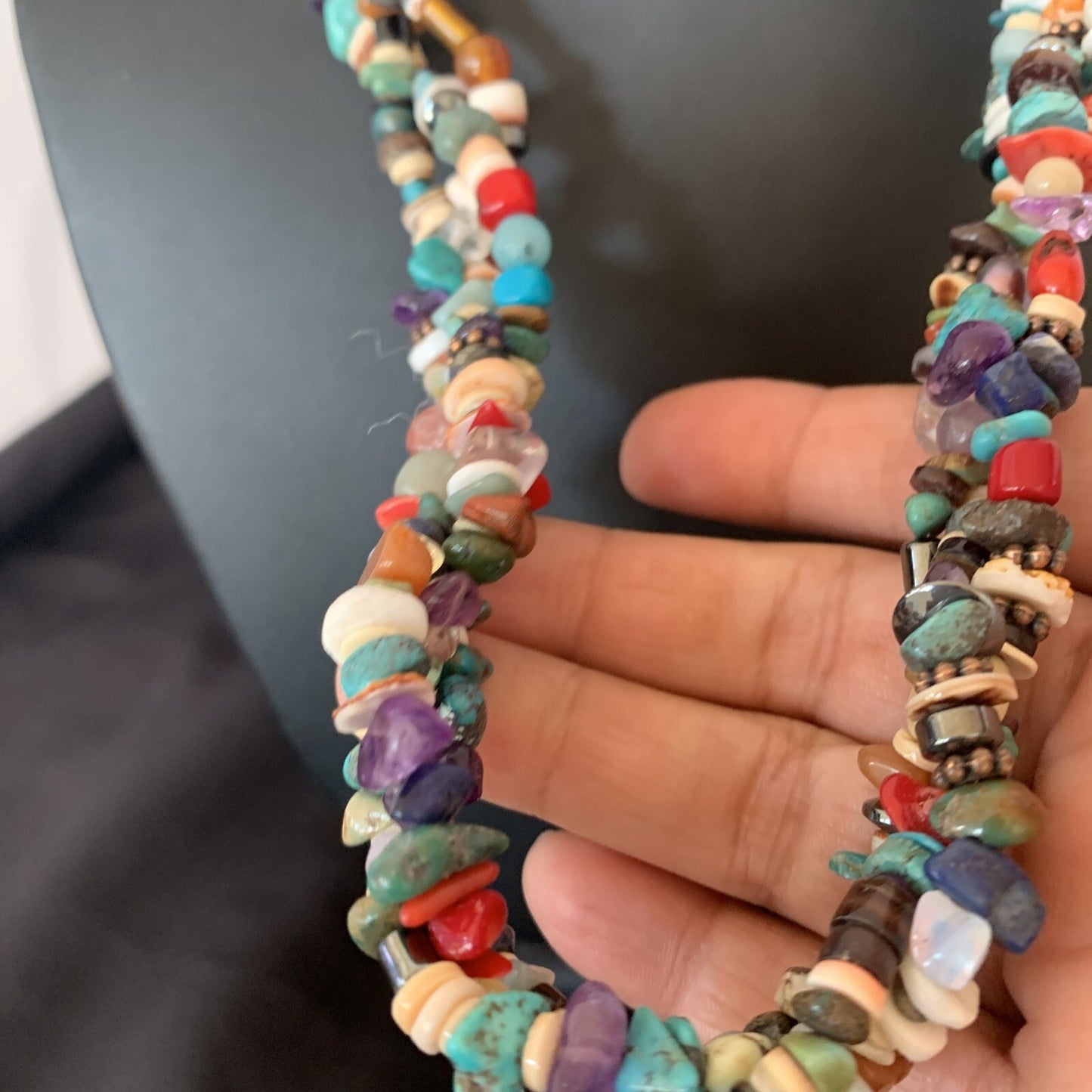 Turquoise & Coral 3 Strand Navajo Bead Sterling Silver Necklace 22” 10402