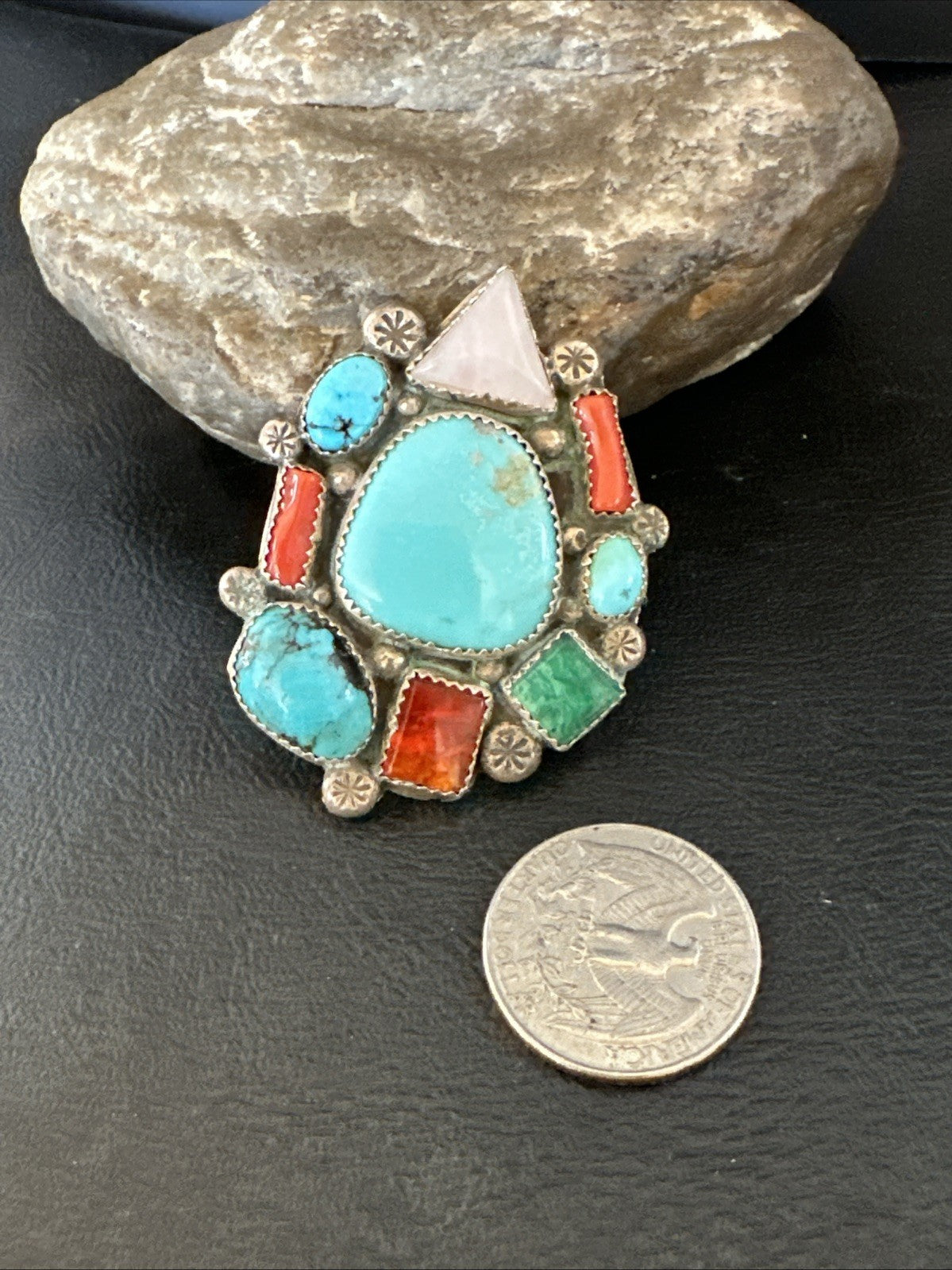 Old Pawn Navajo Blue Turquoise Coral Ring Multi-Stone Cluster Sz 9 19825