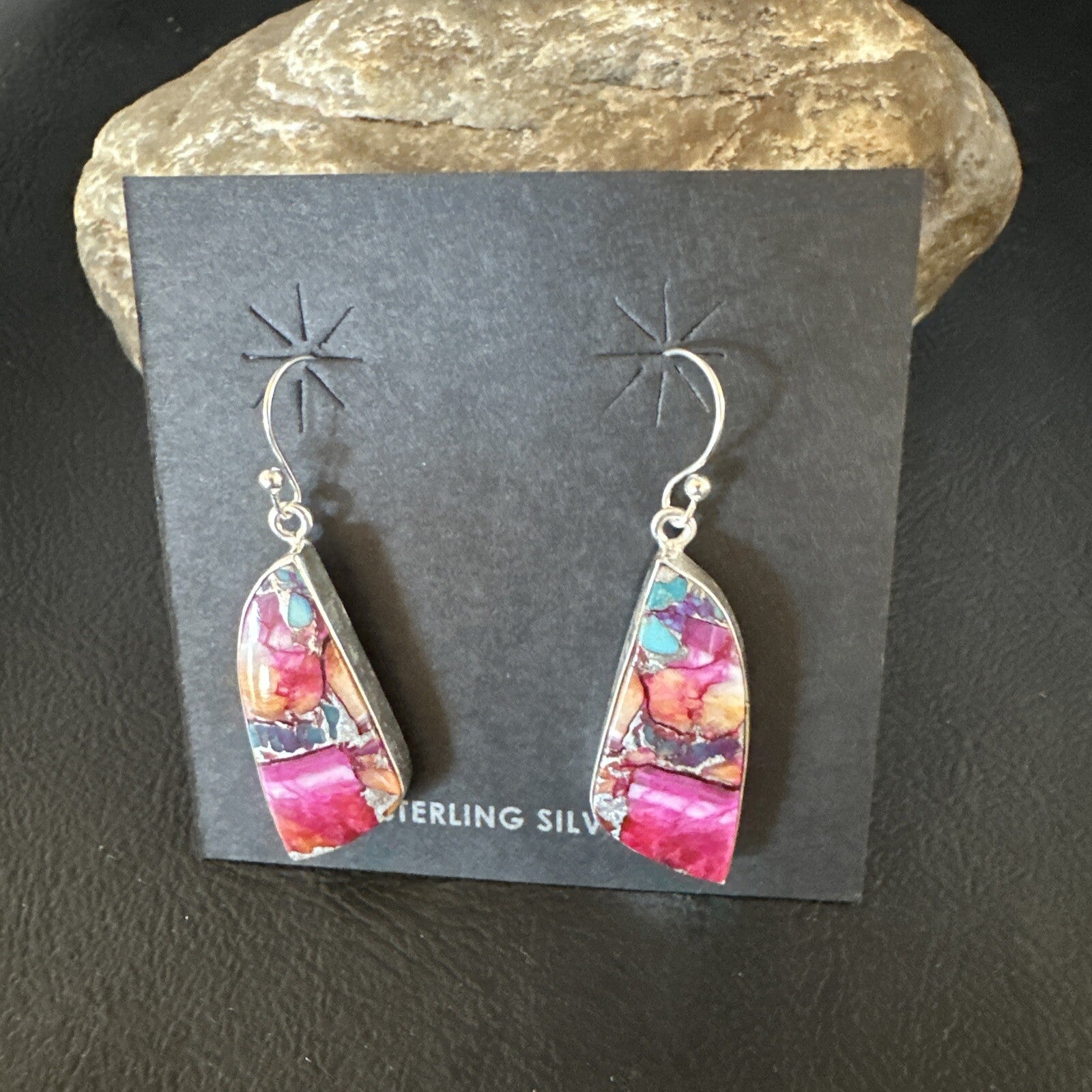 Blue Turquoise Purple Spiny Oyster Inlay Sterling Silver Dangle Earrings 15565