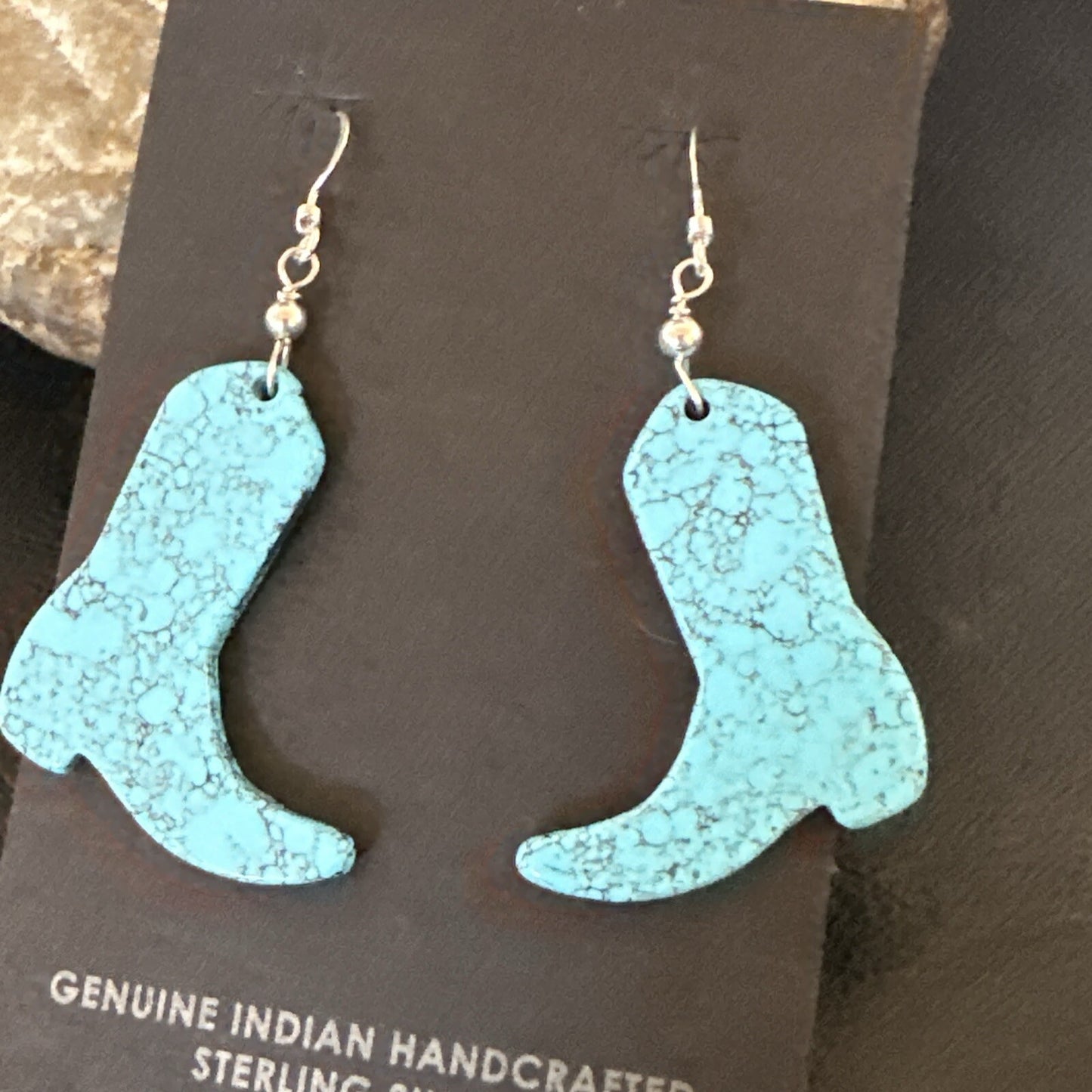 Western Cowboy Boots Navajo Slab Blue Turquoise Sterling Silver Earrings 17875