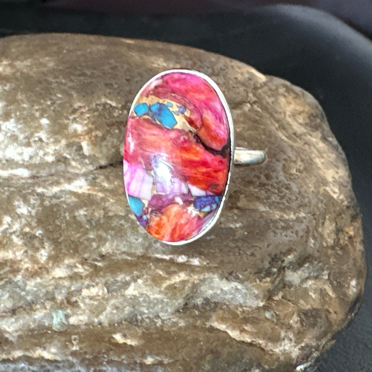 Blue Turquoise Spiny Oyster Southwestern Sterling Silver Ring Size 11 18447