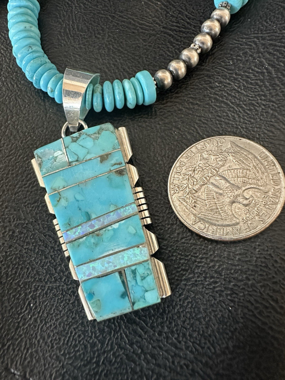 Blue Turquoise Opal Inlay Pendant Navajo Sterling Silver Necklace 19512