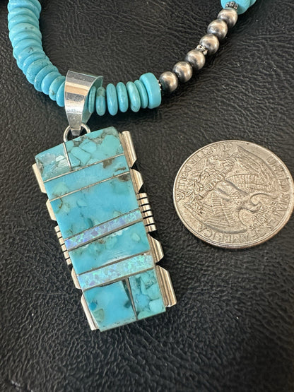 Blue Turquoise Opal Inlay Pendant Navajo Sterling Silver Necklace 19512