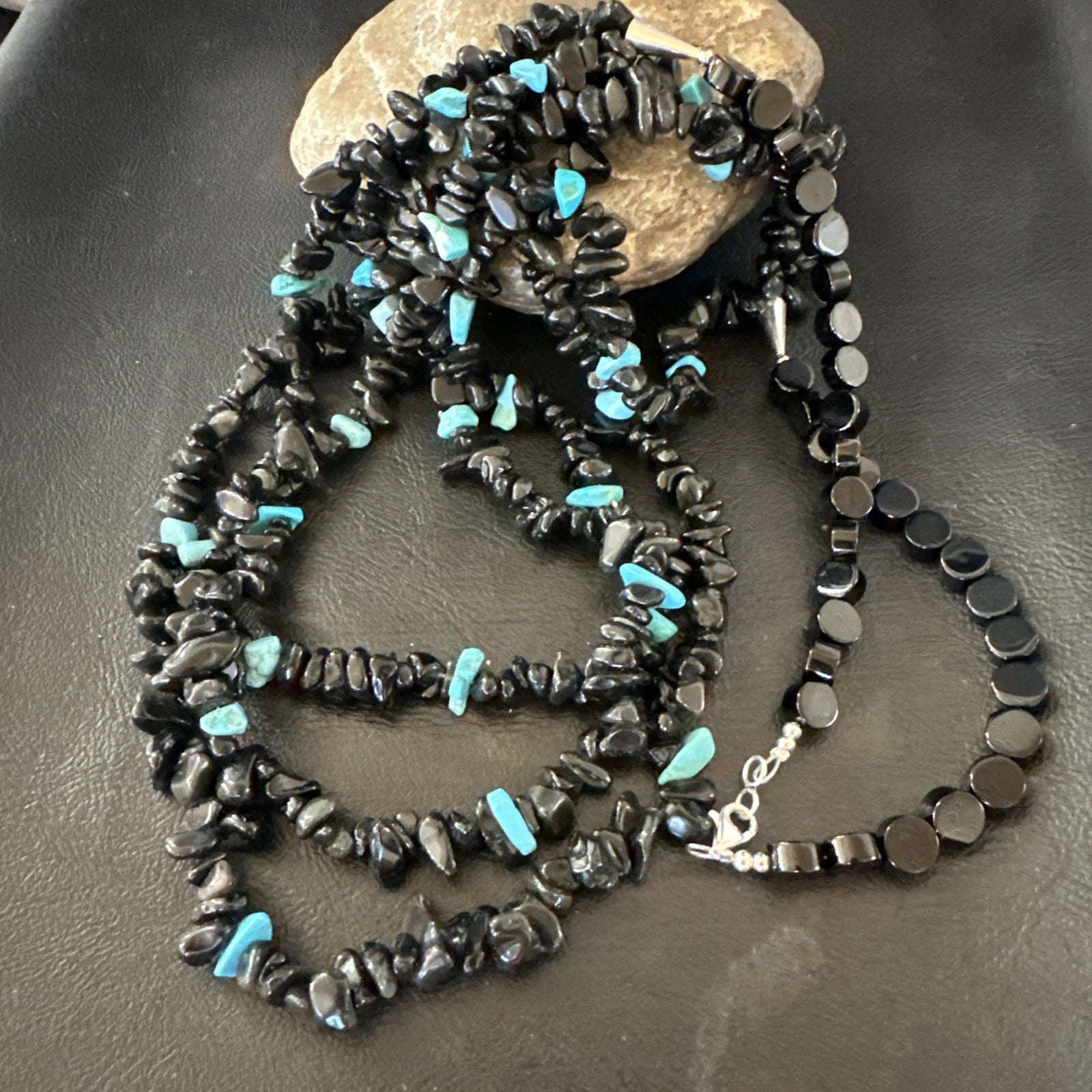 Sterling NAVAJO Black Onyx Blue Turquoise 3S Silver Necklace 30” 19577