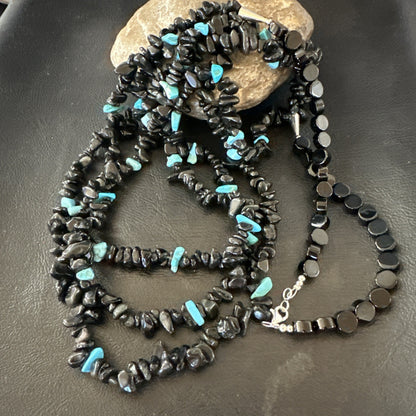 Sterling NAVAJO Black Onyx Blue Turquoise 3S Silver Necklace 30” 19577