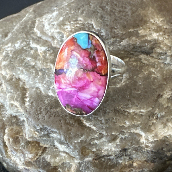 Blue Turquoise Spiny Oyster Southwestern Ring Size 8 | Sterling Silver | Authentic Native American Handmade | 18483