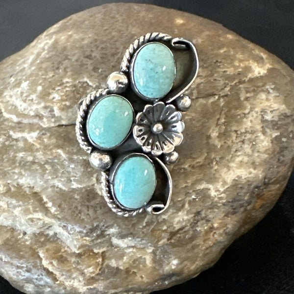 3 Besties Ring Green Turquoise Navajo Cluster Size 8 | Sterling Silver | Authentic Native American Handmade | 19161