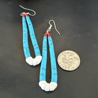 Blue Turquoise White Santo Domingo Sterling Silver Dangle Earrings 2.75” 18164