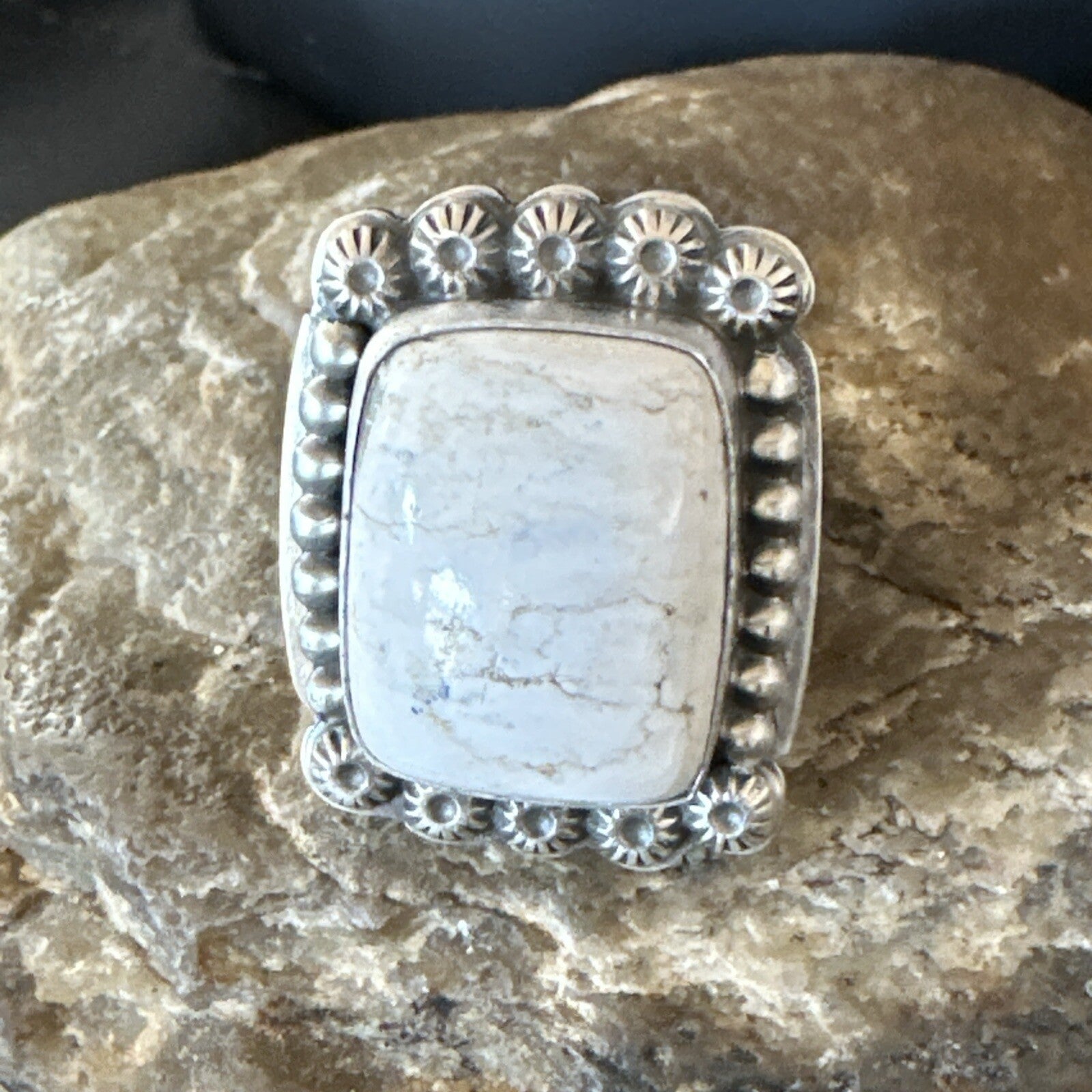 White Buffalo Turquoise Navajo Sterling Silver Ring Size 8 18776