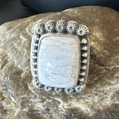 White Buffalo Turquoise Navajo Sterling Silver Ring Size 8 18776