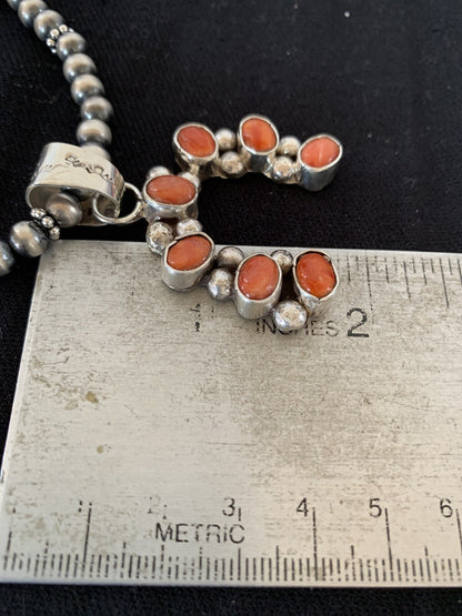 Red Spiny Oyster Naja Pendant Navajo Pearls Sterling Silver Necklace 00284