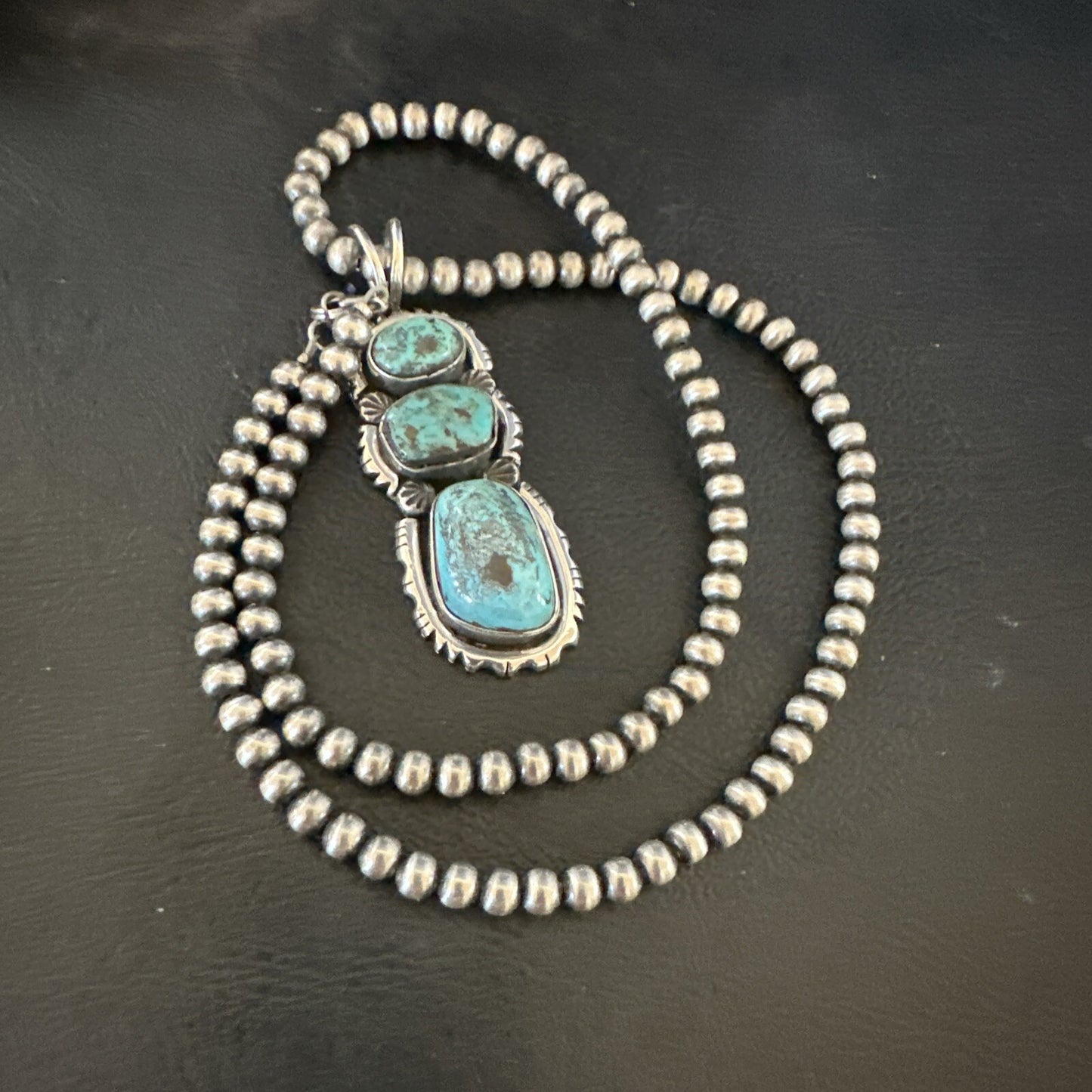 Blue Kingman Turquoise 3 Stone Navajo Sterling Silver Cluster Pendant 17633