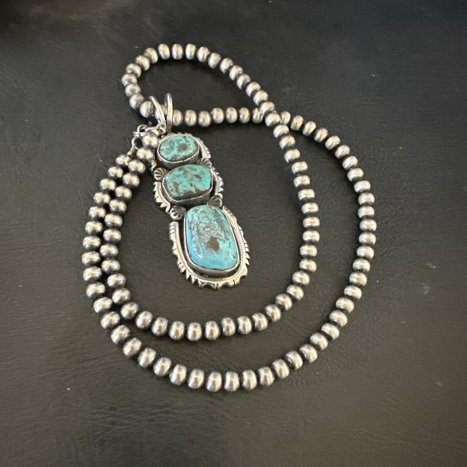Blue Kingman Turquoise 3 Stone Navajo Sterling Silver Cluster Pendant 17633