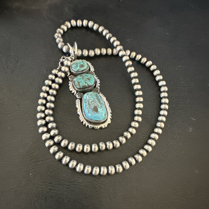 Blue Kingman Turquoise 3 Stone Navajo Sterling Silver Cluster Pendant 17633