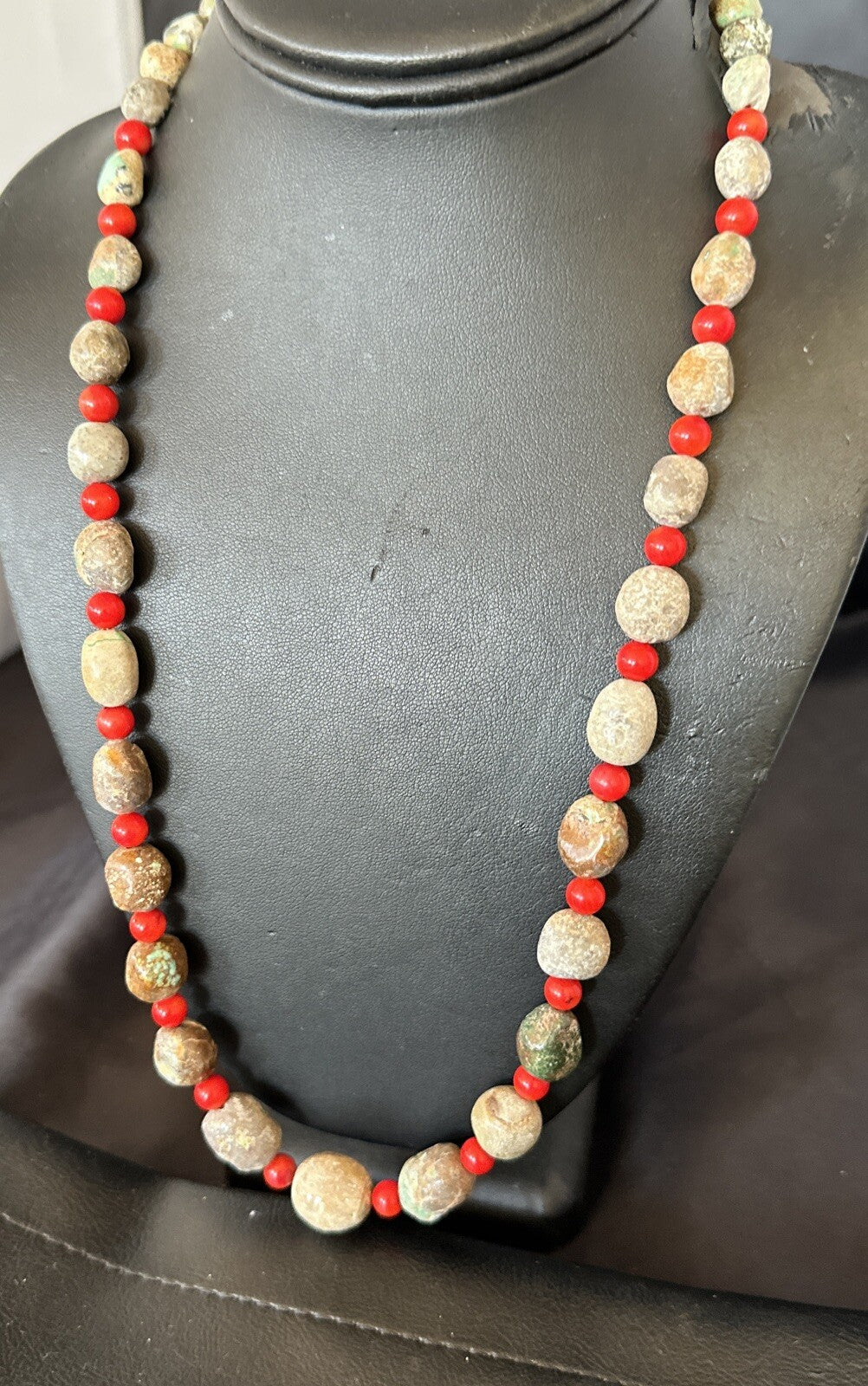 Rustic Turquoise Red Coral Navajo Pearls Sterling Silver Necklace 24" 18320