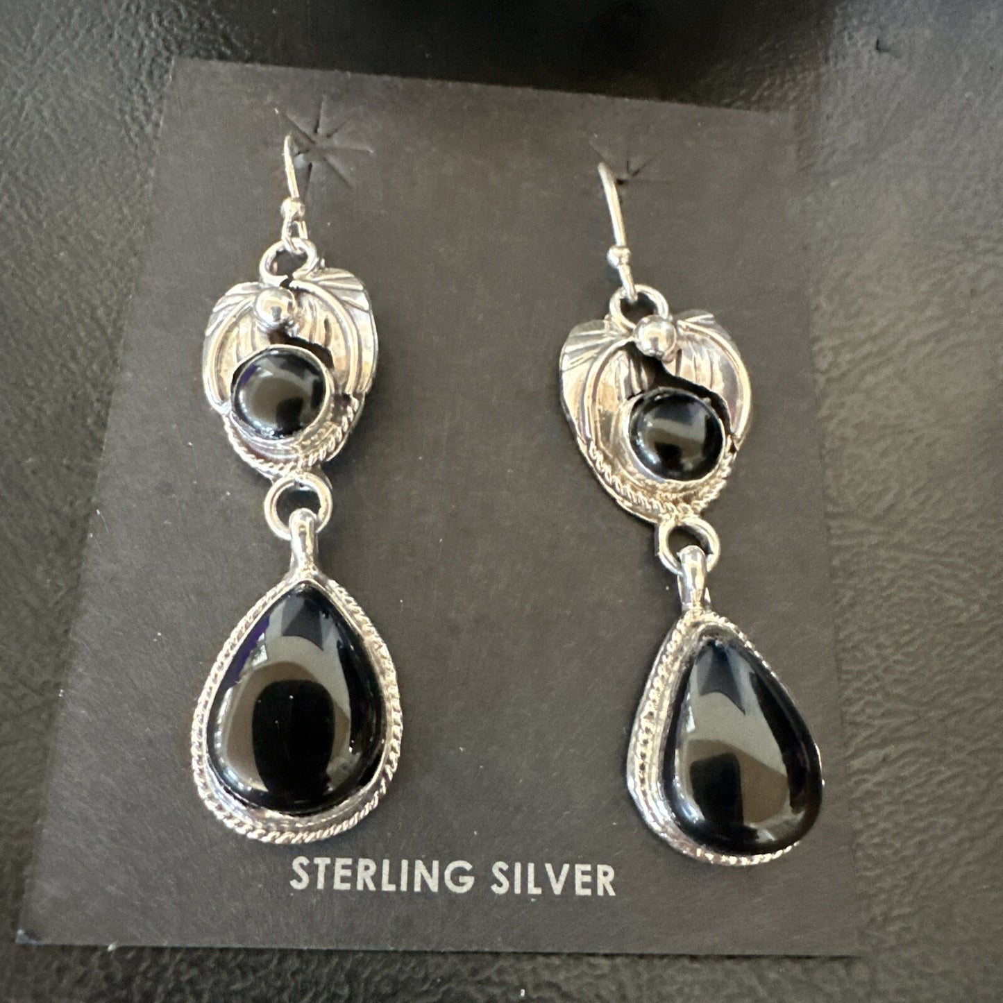 Black Onyx Navajo Sterling Silver Dangle Earrings 1.5" 18287