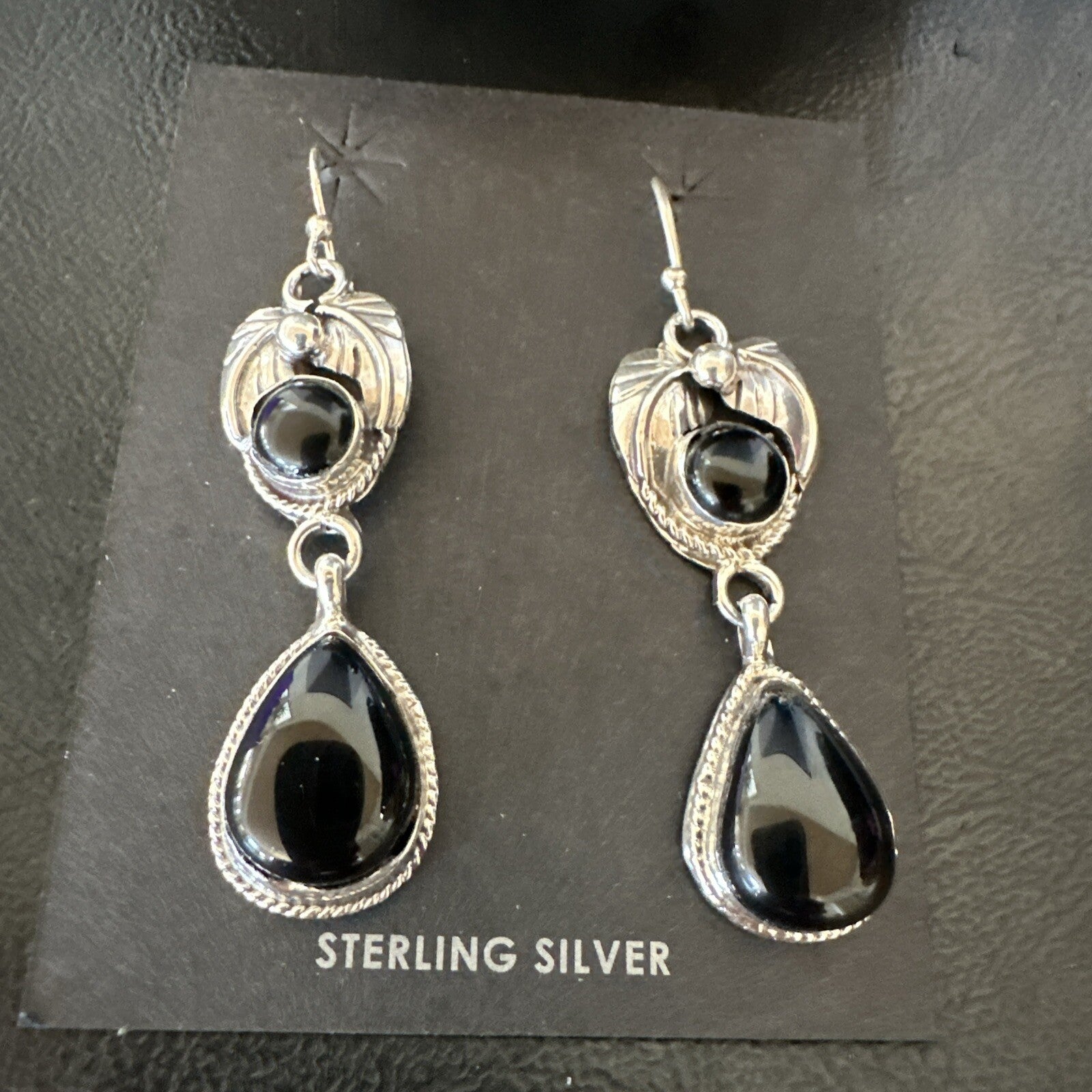 Black Onyx Navajo Sterling Silver Dangle Earrings 1.5" 18287