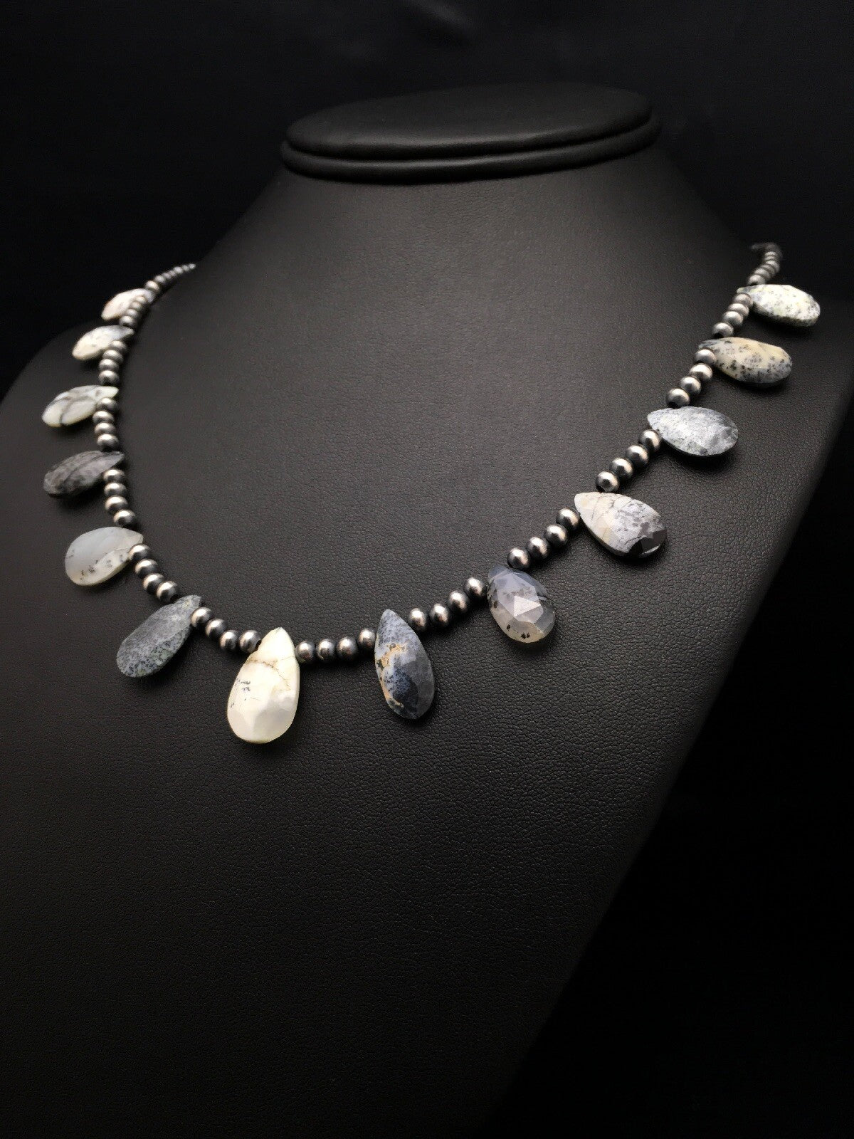 Black Rutile & Opal Pear Shaped Navajo Pearls Sterling Silver Necklace 04091