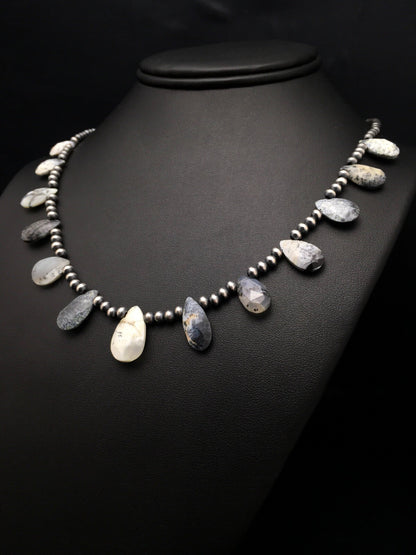 Black Rutile & Opal Pear Shaped Navajo Pearls Sterling Silver Necklace 04091
