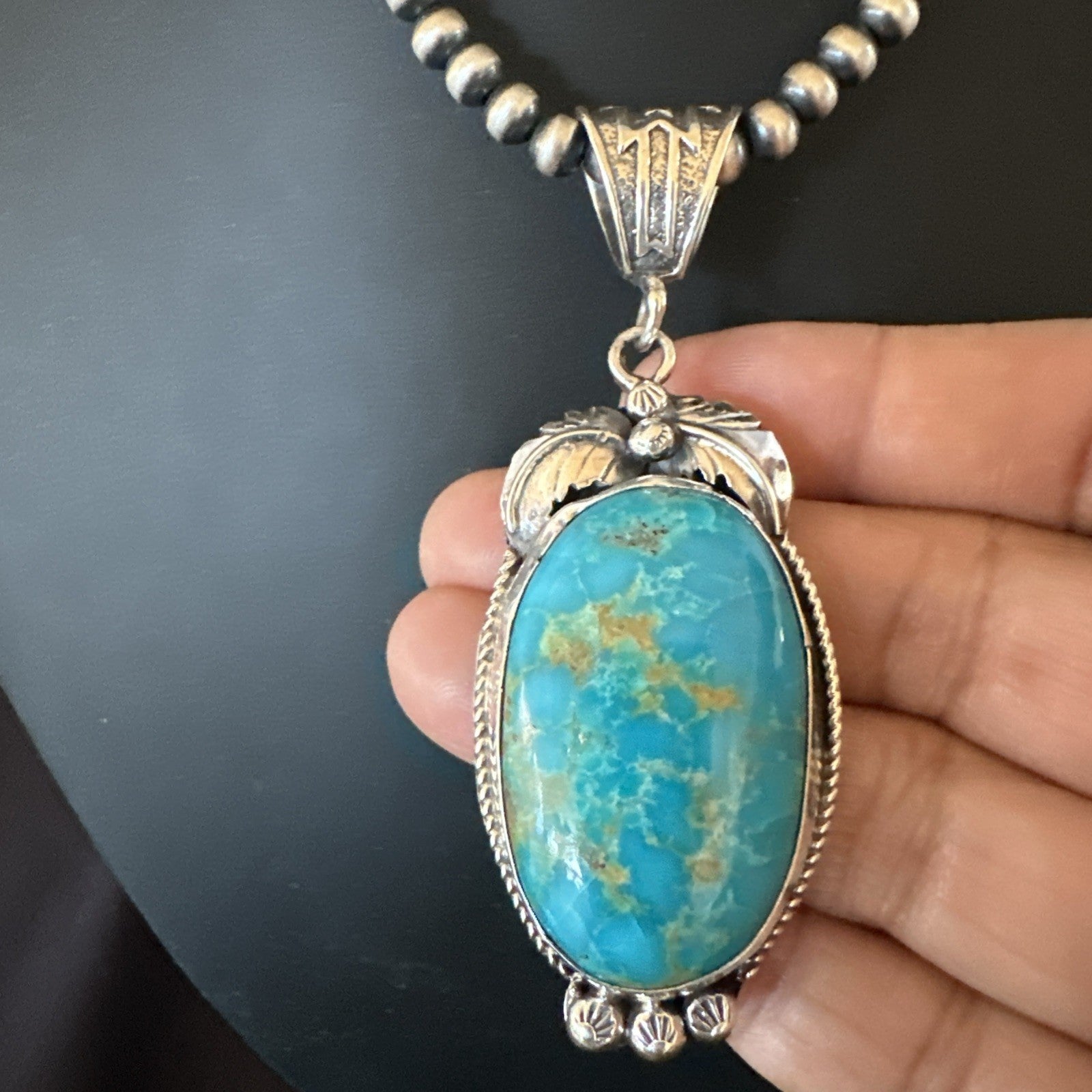 Mens Blue Kingman Turquoise Pendant Navajo Pearls Sterling Silver Necklace 19344