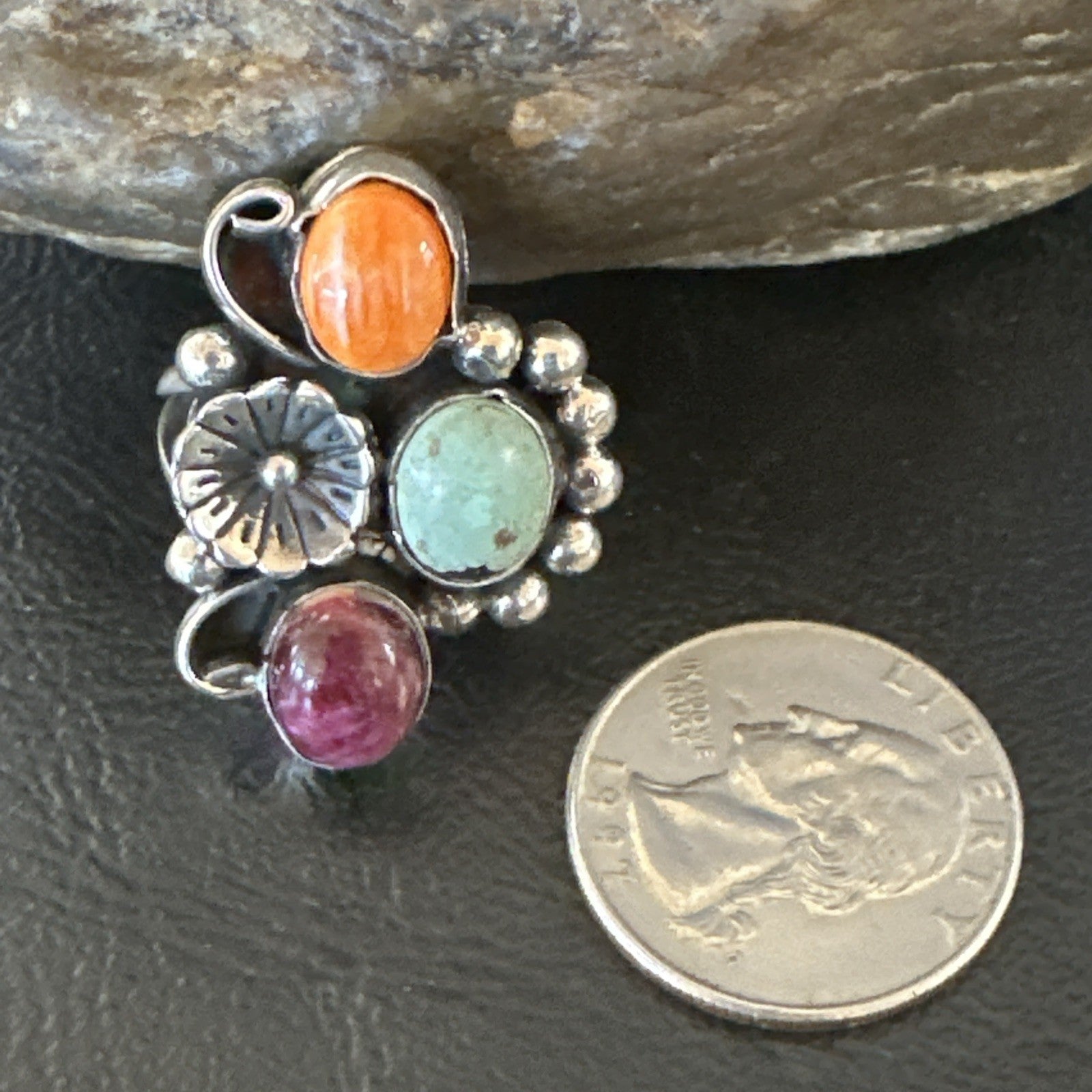 Multicolor Ring Turquoise Spiny Navajo Sterling Silver Cluster Size 8 19183