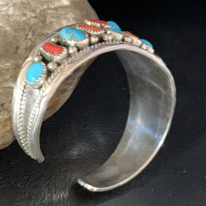 Kingman Turquoise & Red Coral Navajo Sterling Silver Cuff Bracelet 14217
